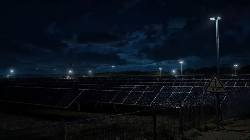 Una granja solar oscura y vigilada