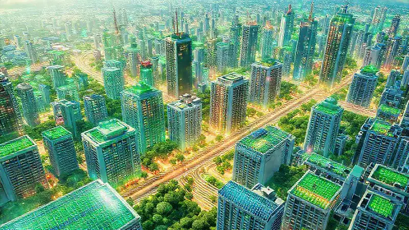 Ciudad futurista, sostenible y colorida
