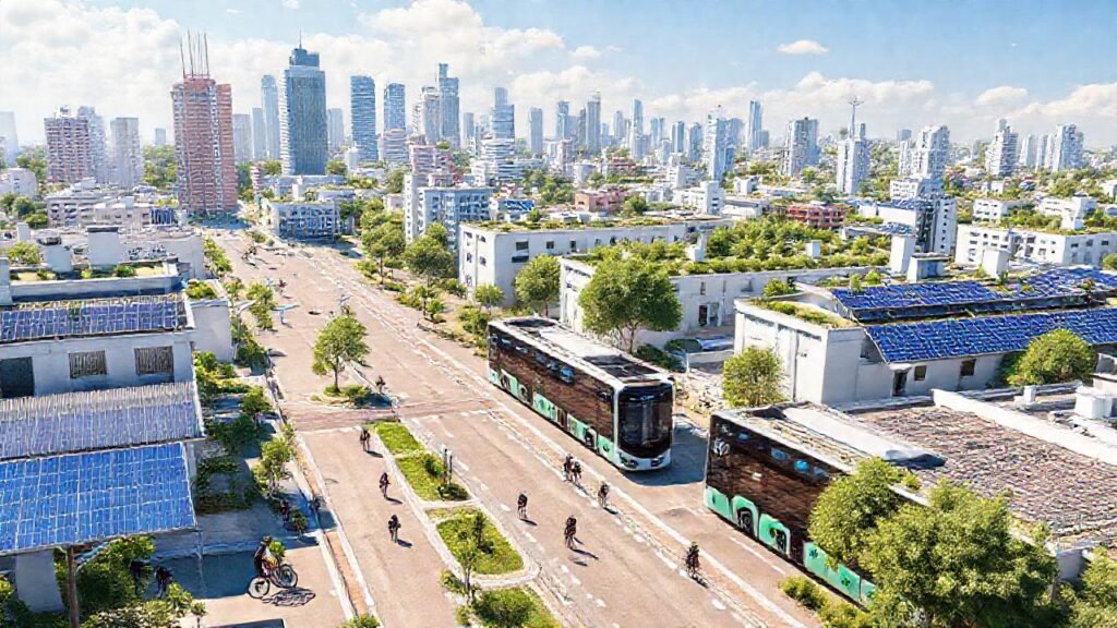 Una ciudad futurista y sostenible brilla