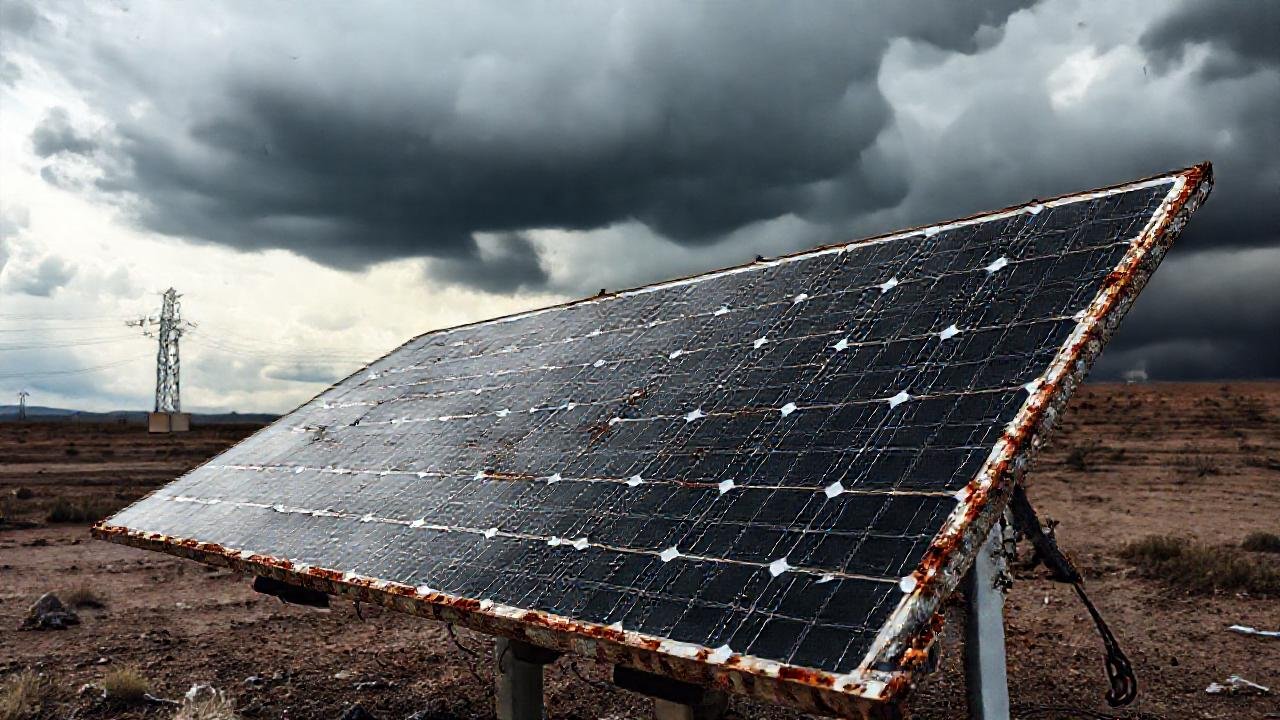 Paneles solares dañados, un paisaje sombrío