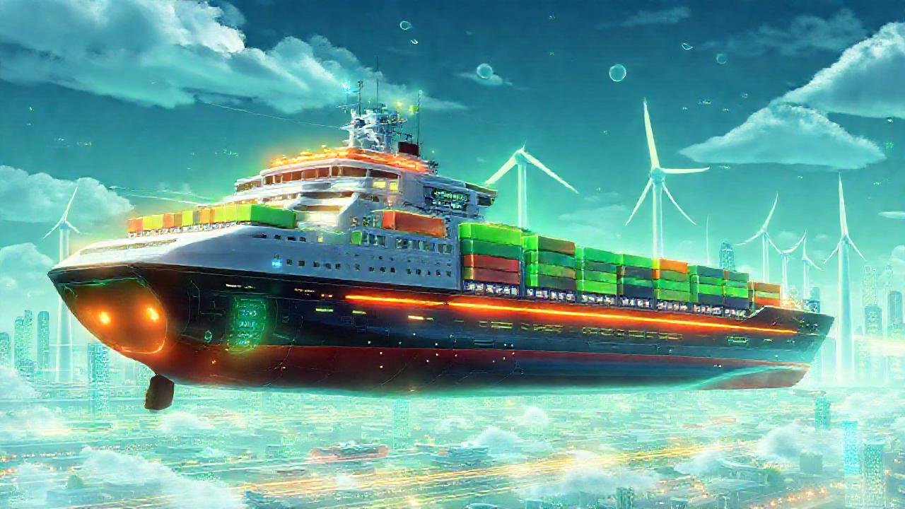 Un buque carguero futurista, sostenible y brillante