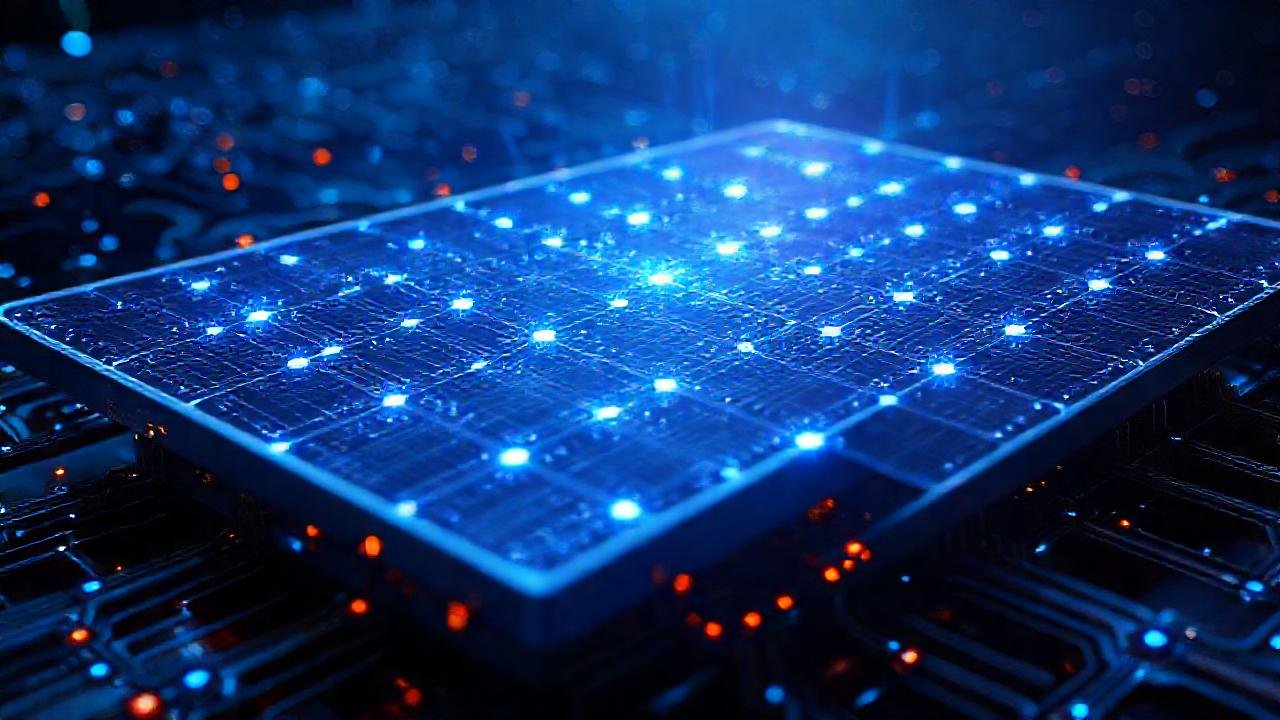 Panel solar futurista emite energía azul brillante