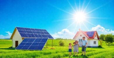 Energía solar ilumina una familia feliz