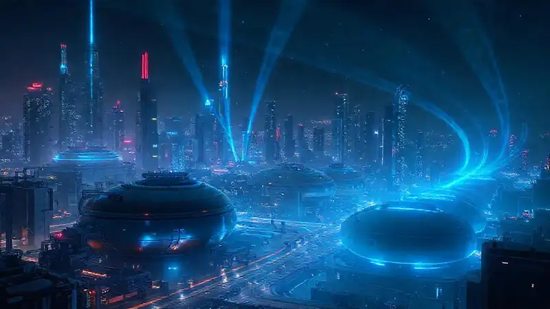 Ciudad futurista con energía brillante