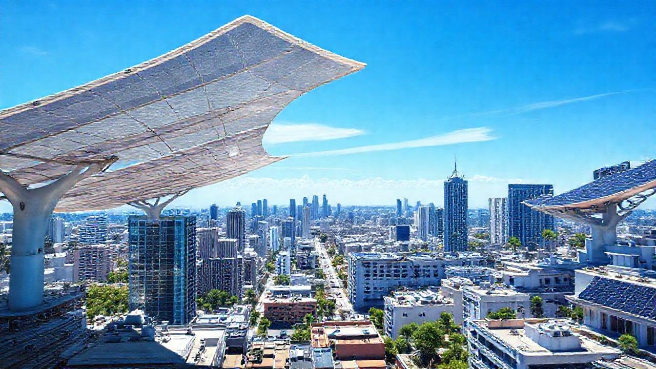 Paneles solares flexibles iluminan una ciudad futurista