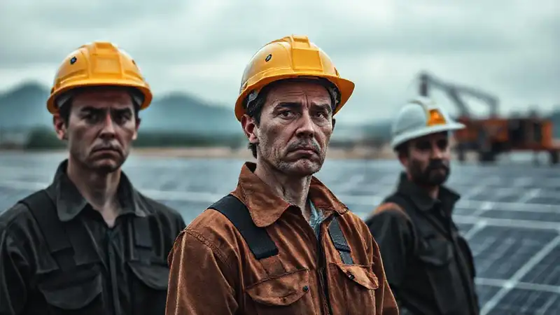 Trabajadores en solar farm con riesgo