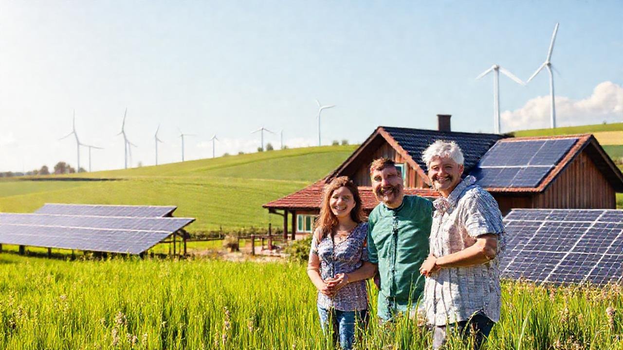 Una familia feliz aprovecha energía renovable