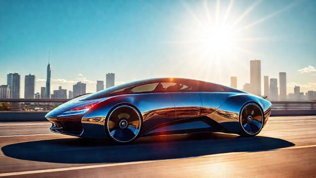 Coche solar futurista brilla en la ciudad