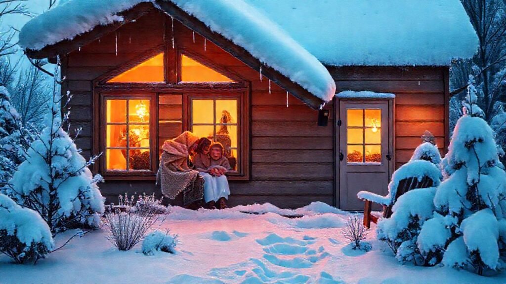 Una casa invernal y acogedora brilla cálidamente