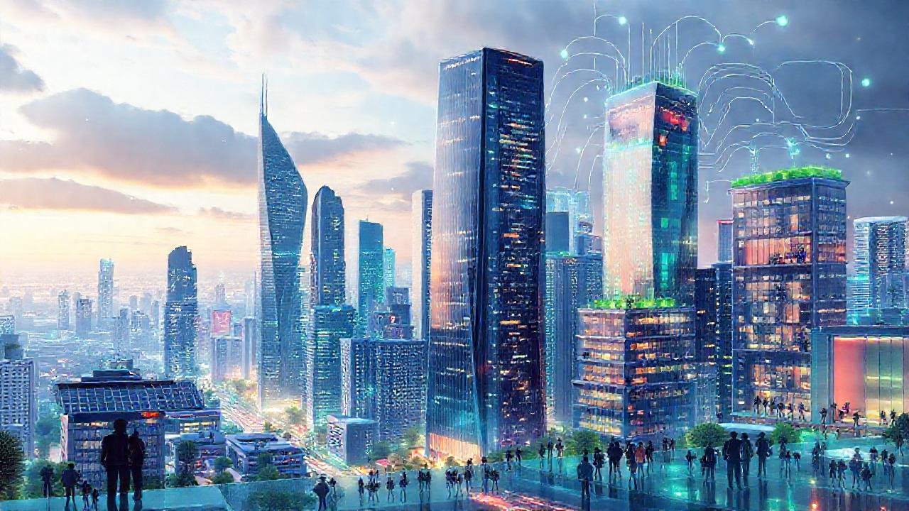 Ciudad futurista, energía y diversidad brillante