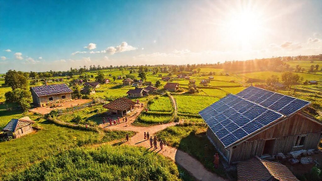 Pueblo rural feliz con energía limpia