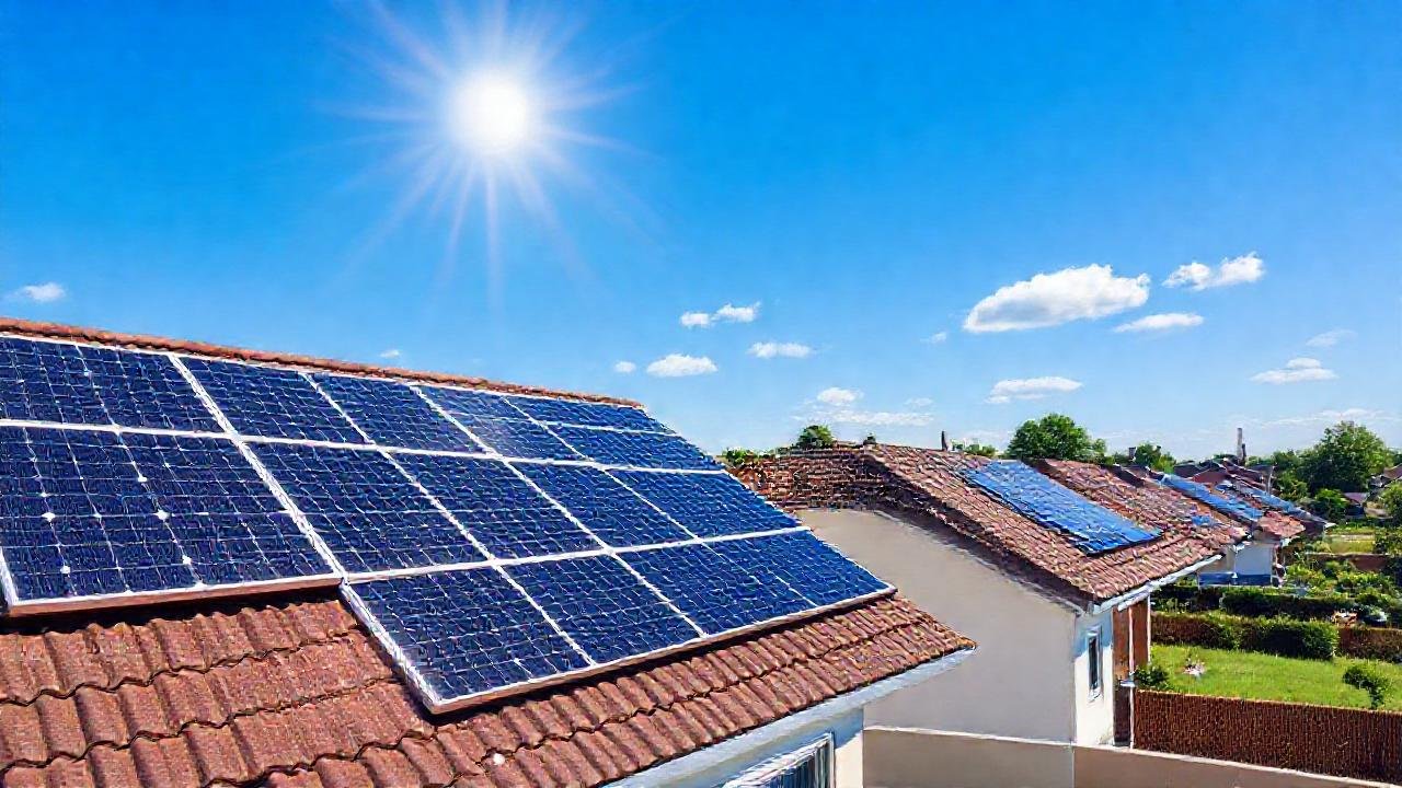 Paneles solares iluminan casas suburbanas