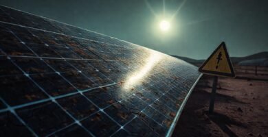 Paneles solares dañados en paisaje árido