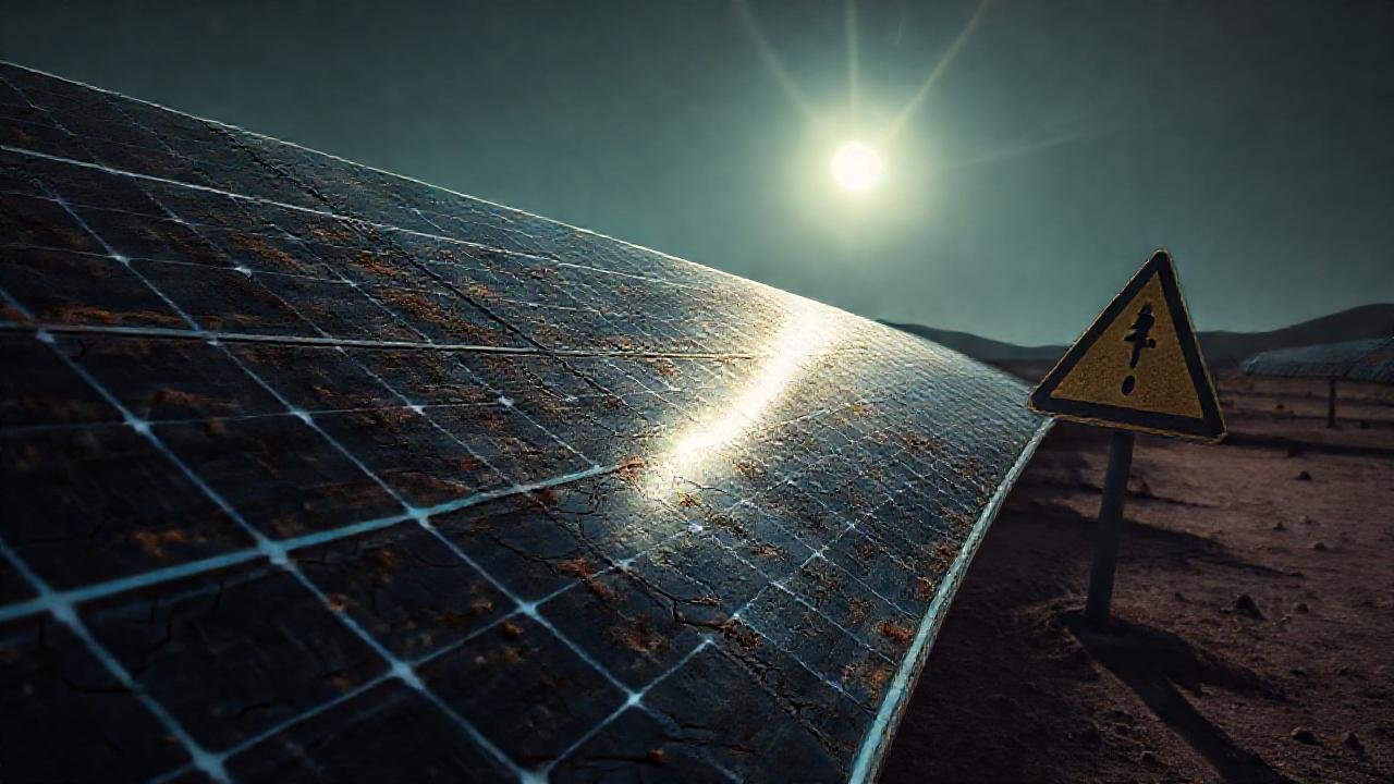 Paneles solares dañados en paisaje árido