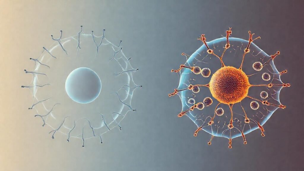 Diagramas celulares minimalistas contrastan colores azules y naranjas