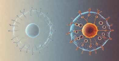 Diagramas celulares minimalistas contrastan colores azules y naranjas