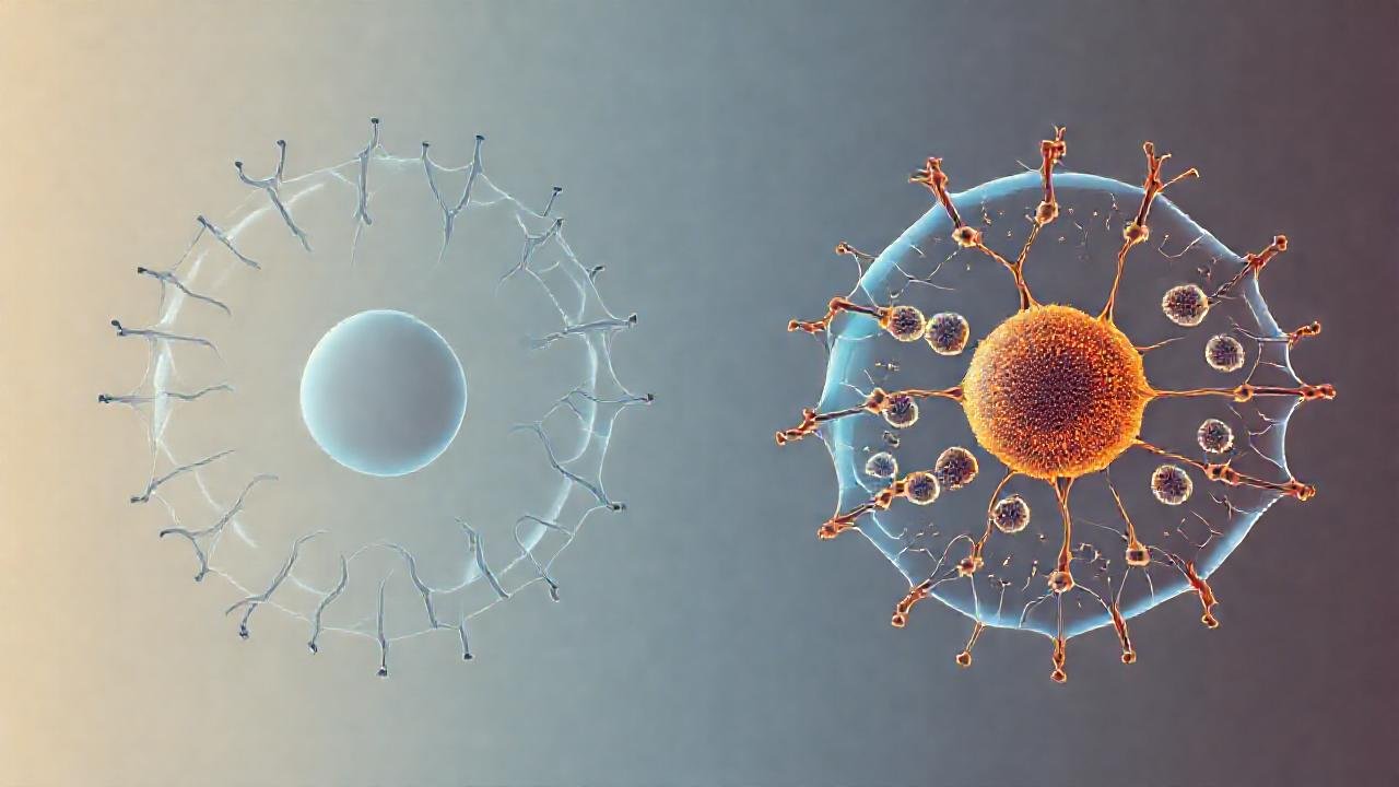 Diagramas celulares minimalistas contrastan colores azules y naranjas