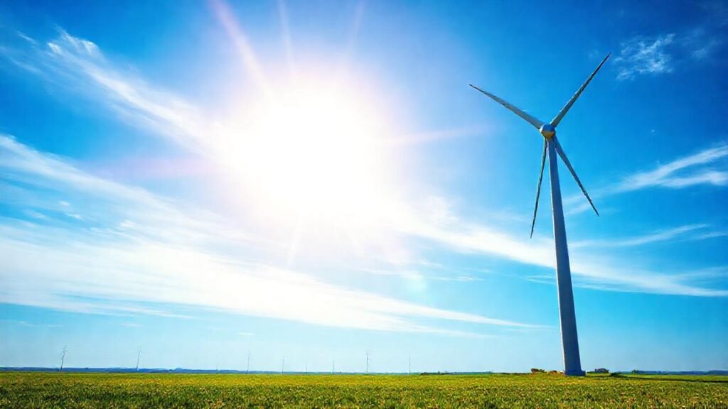 Turbina eólica genera energía en cielo azul