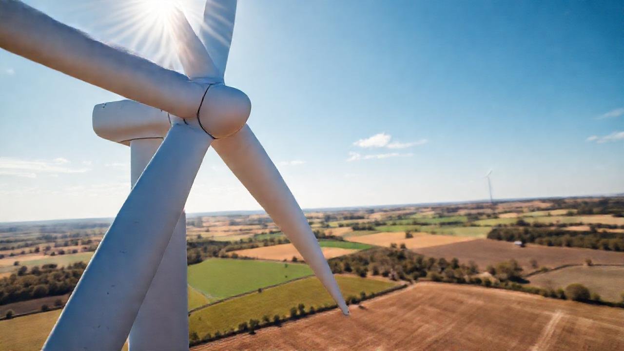 Turbina eólica en paisaje rural técnico