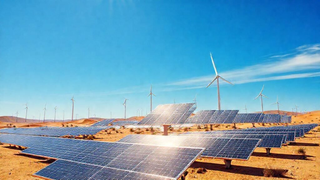 Energía solar futurista ilumina el desierto