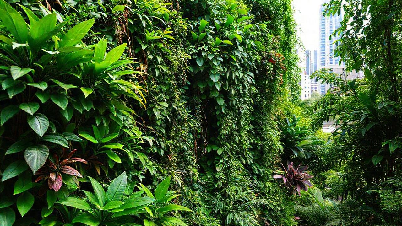 Jardín vertical exuberante, ciudad optimista