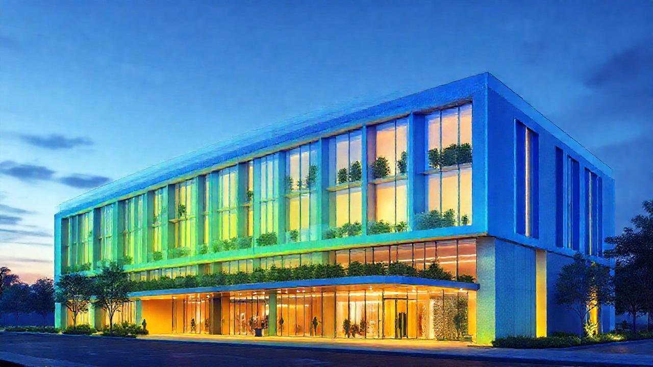 Renderizado arquitectónico muestra fachada sostenible e iluminada