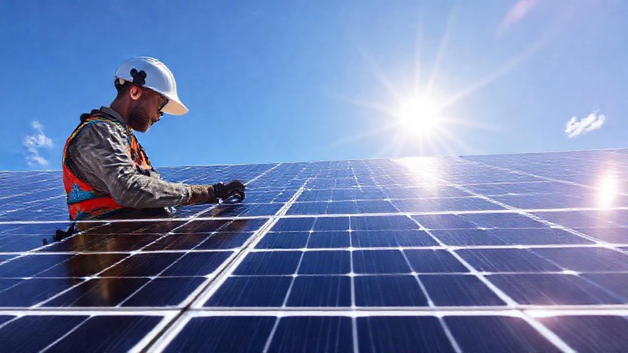 Técnico revisa paneles solares brillantes