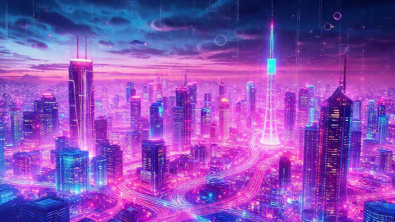 Ciudad futurista, datos brillantes e innovación digital