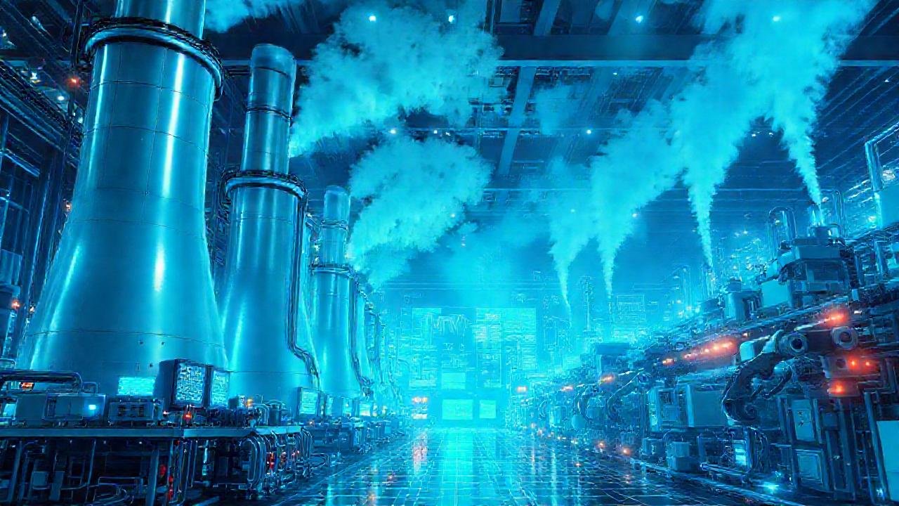 Complejo industrial futurista, frío y optimista