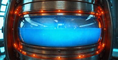 Tanque futurista almacena líquido azul brillante