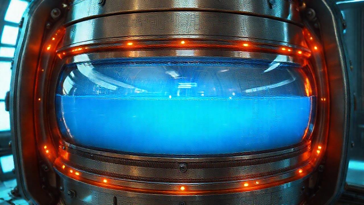 Tanque futurista almacena líquido azul brillante