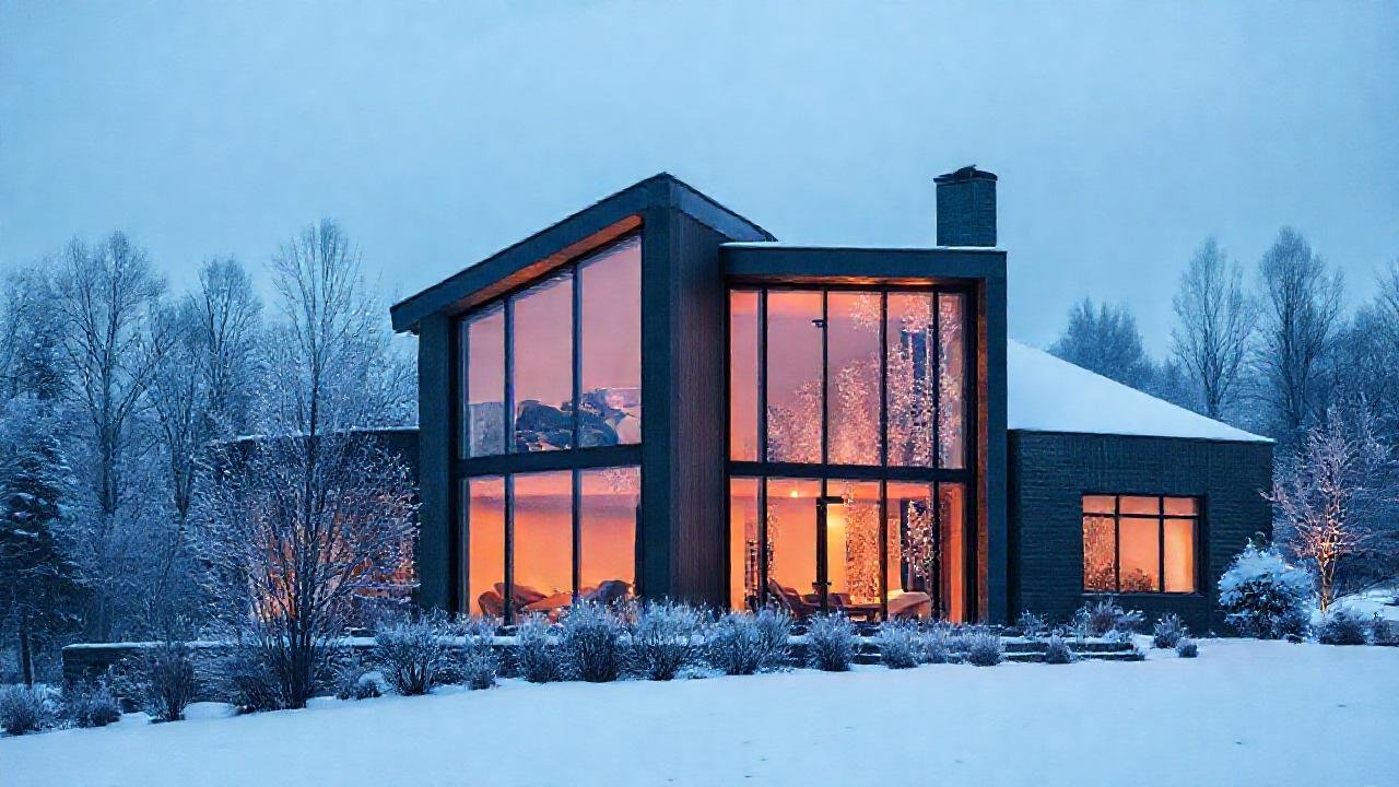 Casa moderna brilla en la nieve