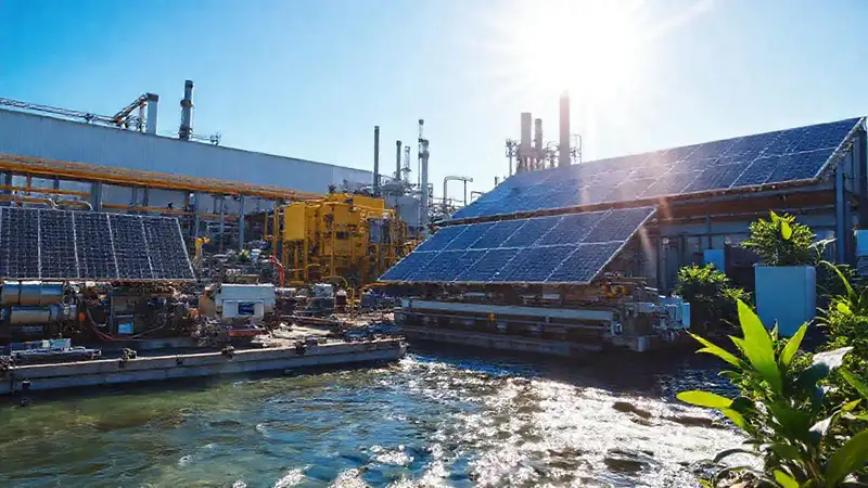 Fábrica sostenible bajo un sol brillante