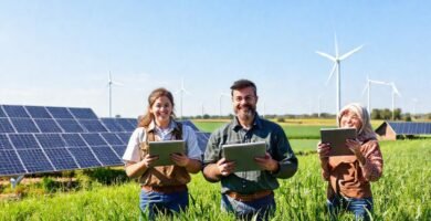 Agricultores felices en un futuro sostenible