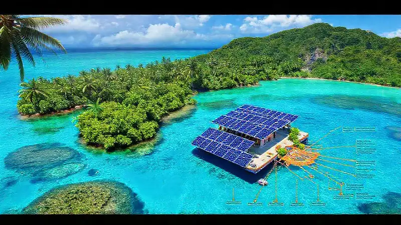 Laguna tropical tecnológica, vibrante y serena