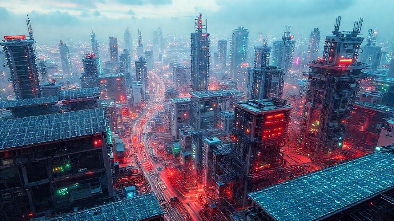 Ciudad futurista, tecnológicamente avanzada y distópica