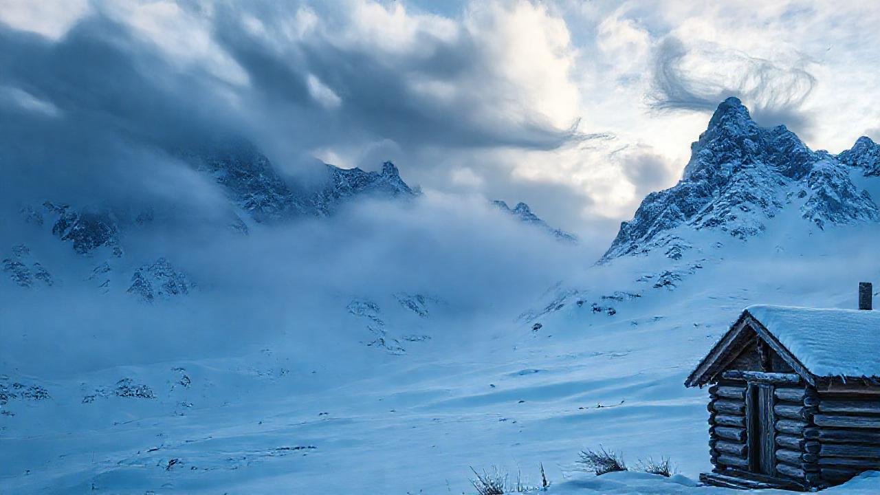 Montaña nevada, viento dramático, paisaje invernal