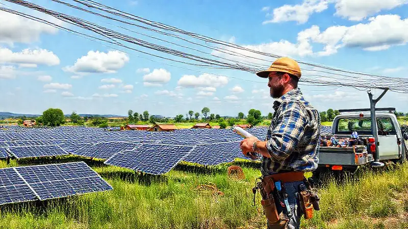 Un artesano instala paneles solares rurales