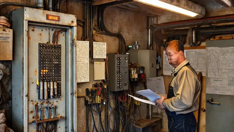 El electricista moderniza un panel obsoleto