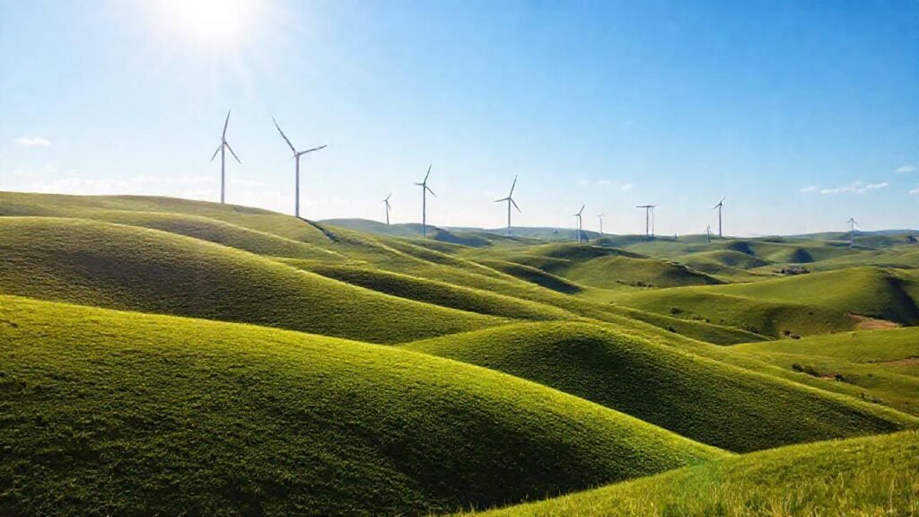 Colinas verdes generan energía limpia moderna