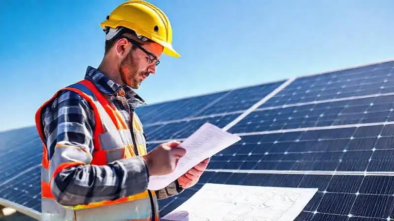 Técnicos inspeccionan paneles solares con profesionalidad