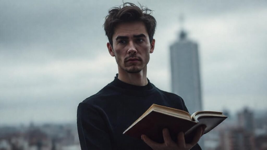 Un ser pensativo observa la ciudad difusa