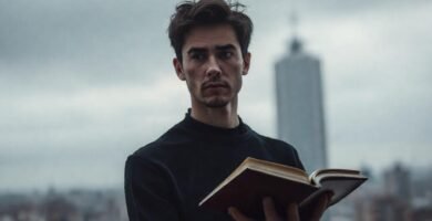 Un ser pensativo observa la ciudad difusa