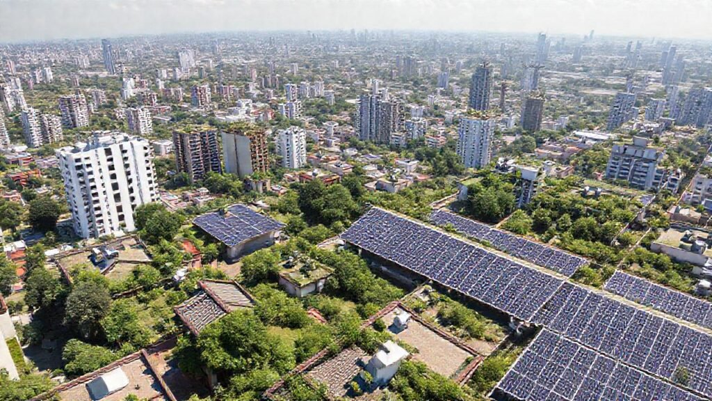 Ciudades sostenibles con energía solar brillante