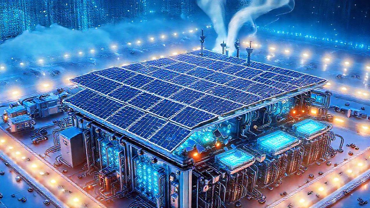 Una planta de reciclaje futurista brilla intensamente