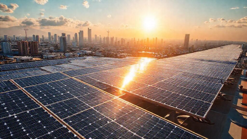 Paneles solares iluminan una ciudad futurista