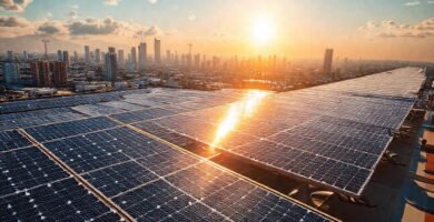 Paneles solares iluminan una ciudad futurista