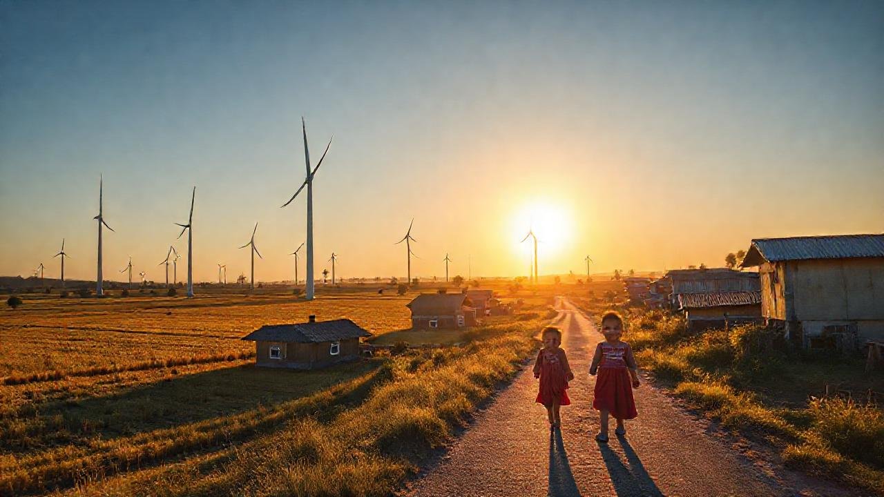 Turbinas de viento iluminan un pueblo rural