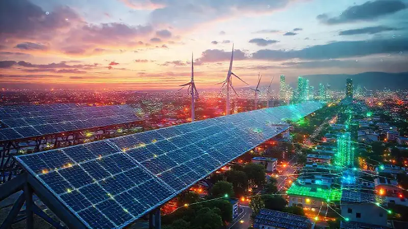 Ciudades futuristas usan energía sostenible digitalmente