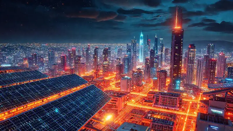 Una ciudad futurista resplandece digitalmente